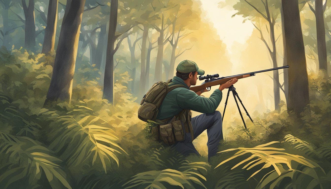 A hunter checks the scope on their rifle, surrounded by trees and foliage in the early morning light