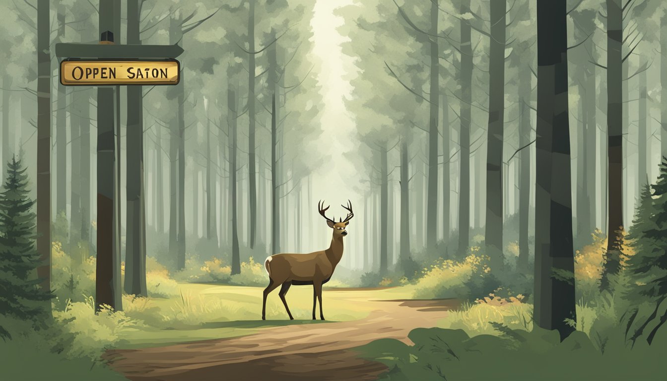 A forest clearing with a deer standing alert, surrounded by trees and a sign indicating "Open Season Deer Hunting" regulations