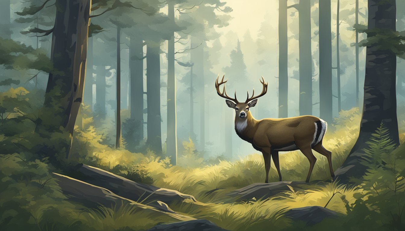 A dense forest with a clearing, a deer grazing peacefully, and a hunter in camouflage aiming carefully from a distance