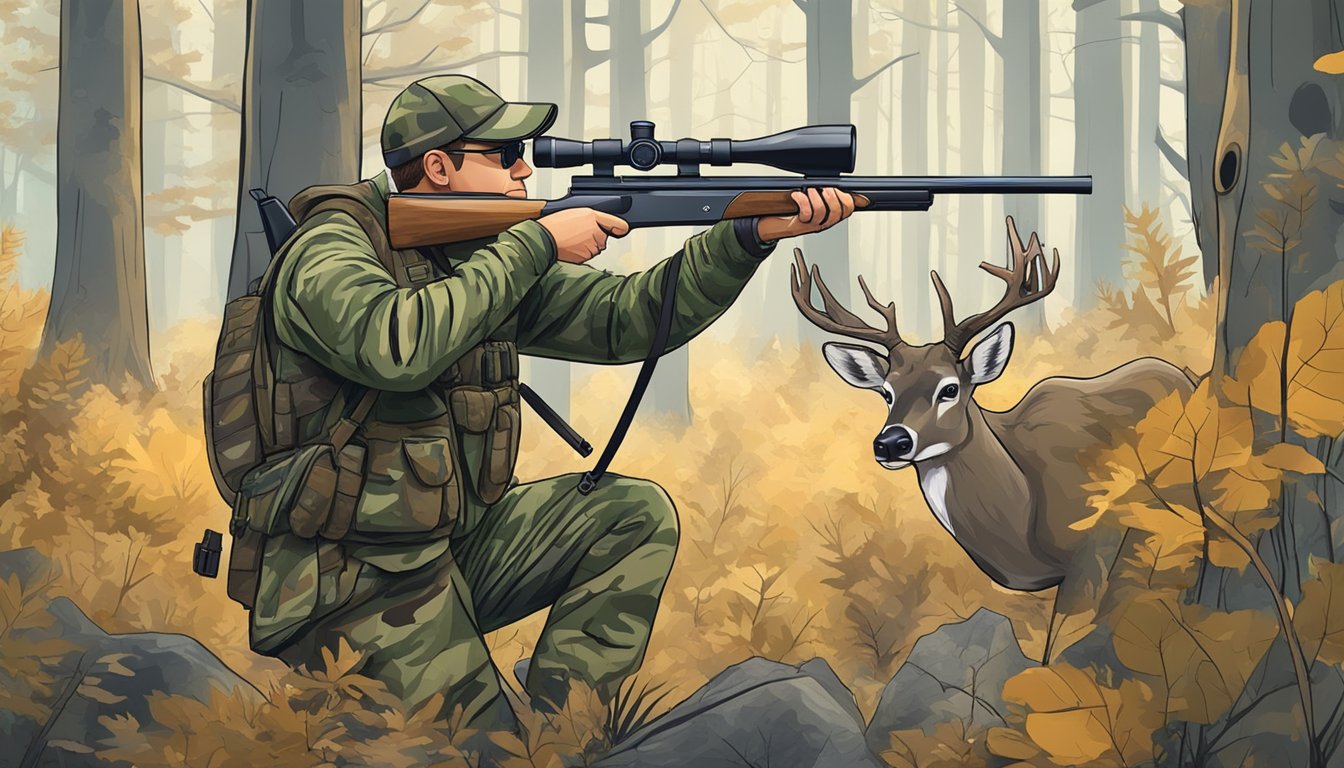 A hunter in camouflage with a rifle and binoculars, tracking a deer through a forest clearing