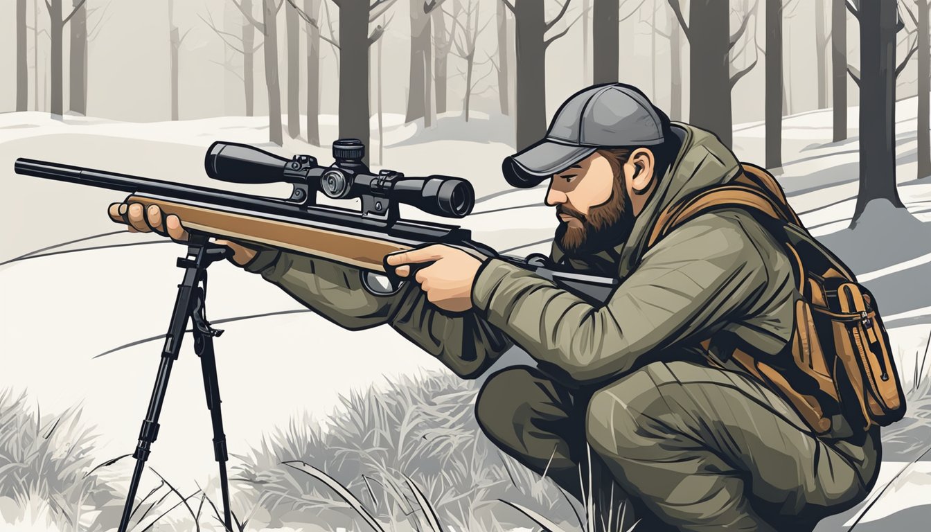 A hunter carefully selects a rifle from a row of options, considering factors such as caliber, weight, and scope for whitetail deer hunting