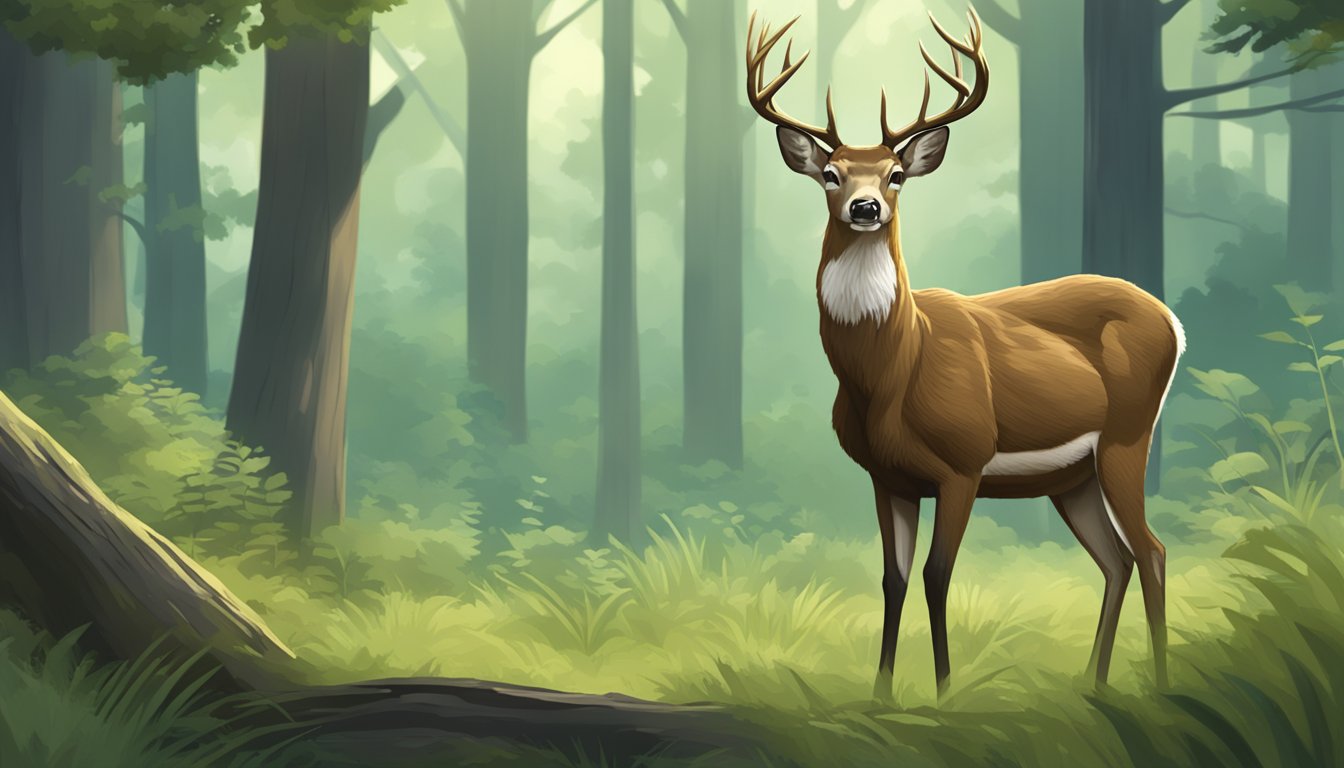 A deer standing alert in a lush forest clearing, with other game species visible in the background