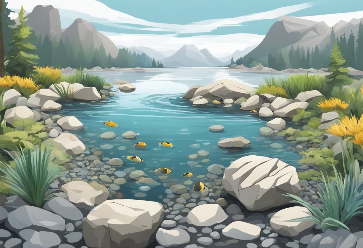 A pond with gravel, stones, and large rocks causing chaos as aquatic life struggles to navigate and survive