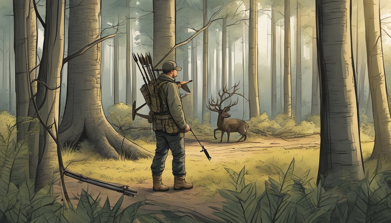 A hunter setting up a tree stand in a wooded area, with a bow and arrows nearby, waiting for deer to approach