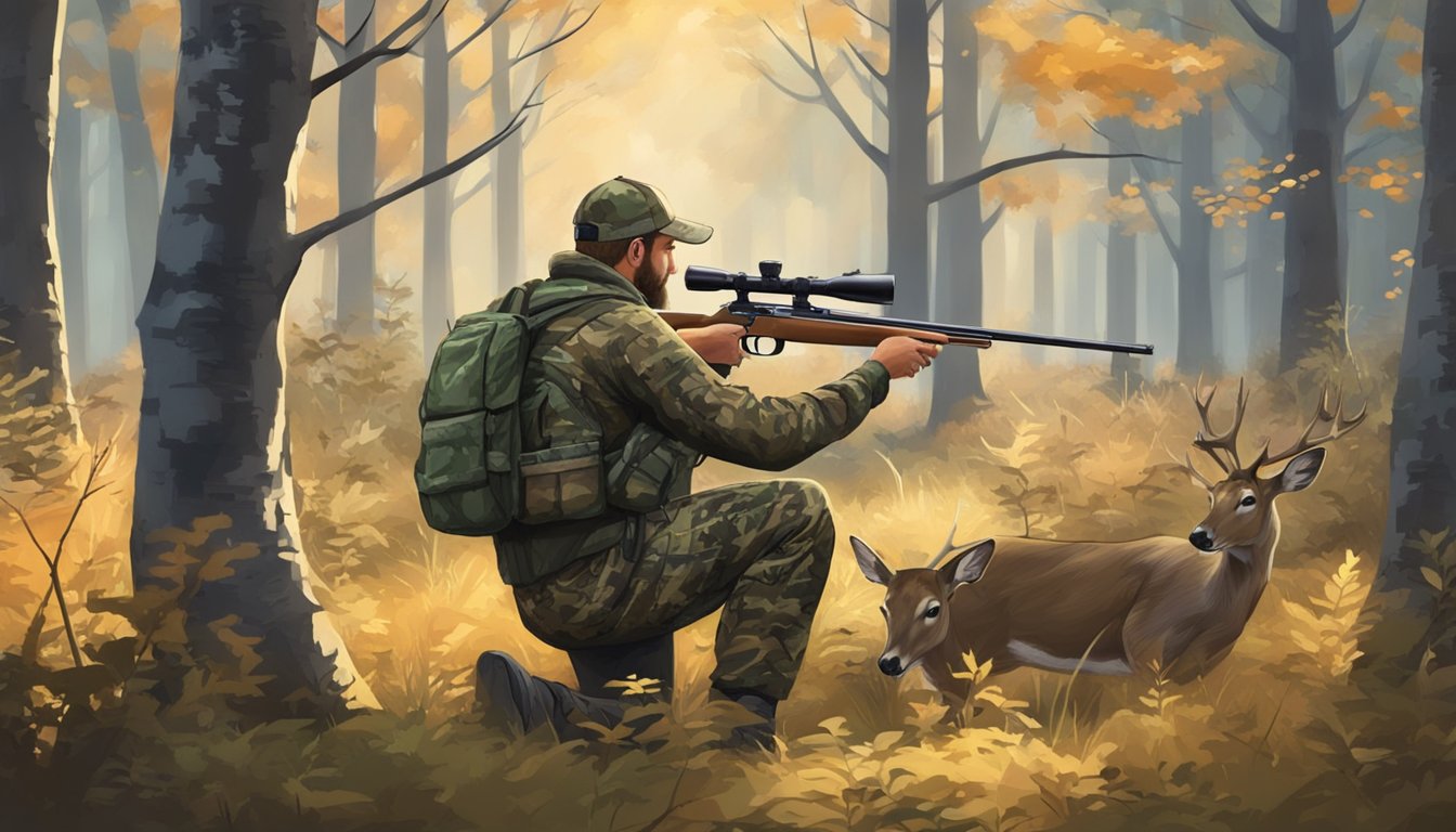 A hunter in camouflage aims a rifle at a grazing deer in a forest clearing during deer hunting season