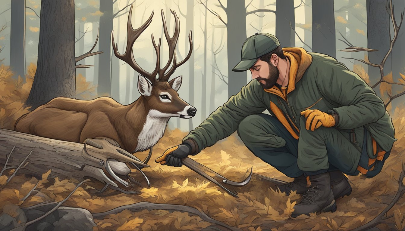 A hunter cleans and prepares a deer carcass in a wooded clearing