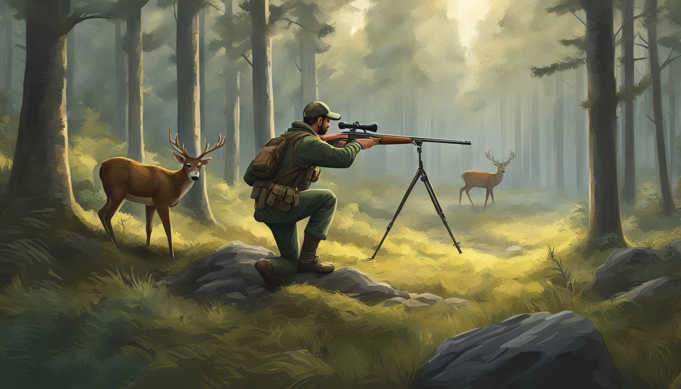 A hunter aiming a rifle at a deer in a forest clearing