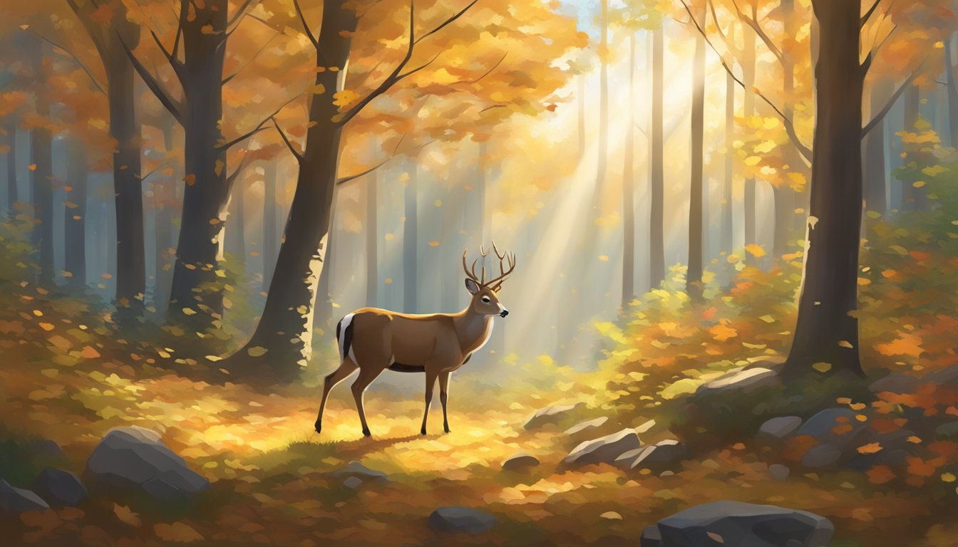 A forest clearing with a deer grazing peacefully, surrounded by autumn foliage and dappled sunlight