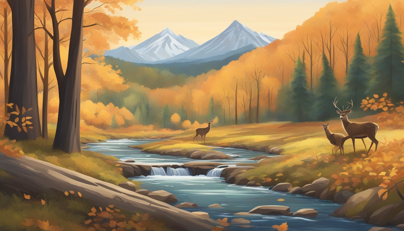 A forest clearing with fallen leaves, tall trees, and a distant mountain range, with a deer cautiously drinking from a stream