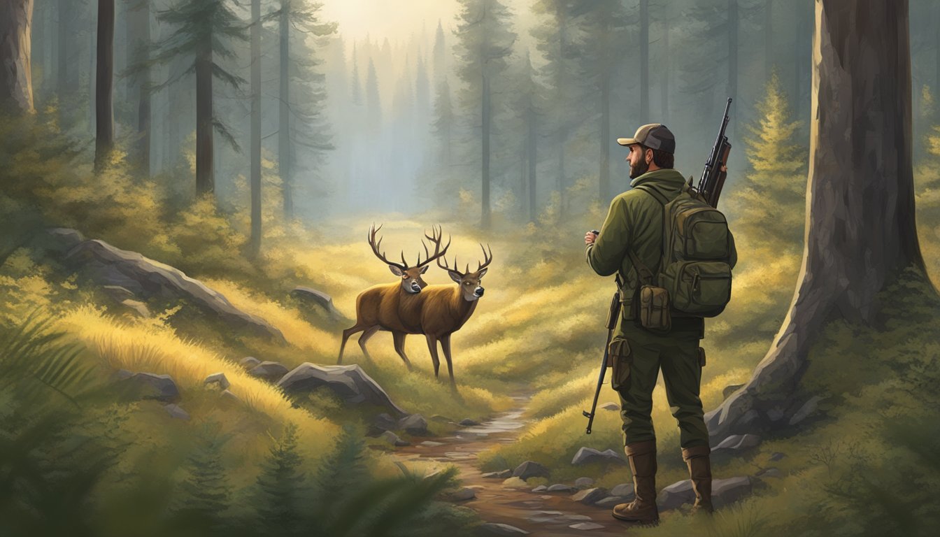 A hunter silently stalks through a dense forest, rifle in hand, as a majestic deer cautiously grazes in the clearing ahead