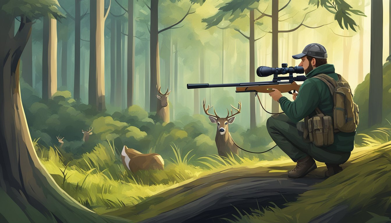 A hunter uses a high-tech rifle scope to track a deer through a forest clearing