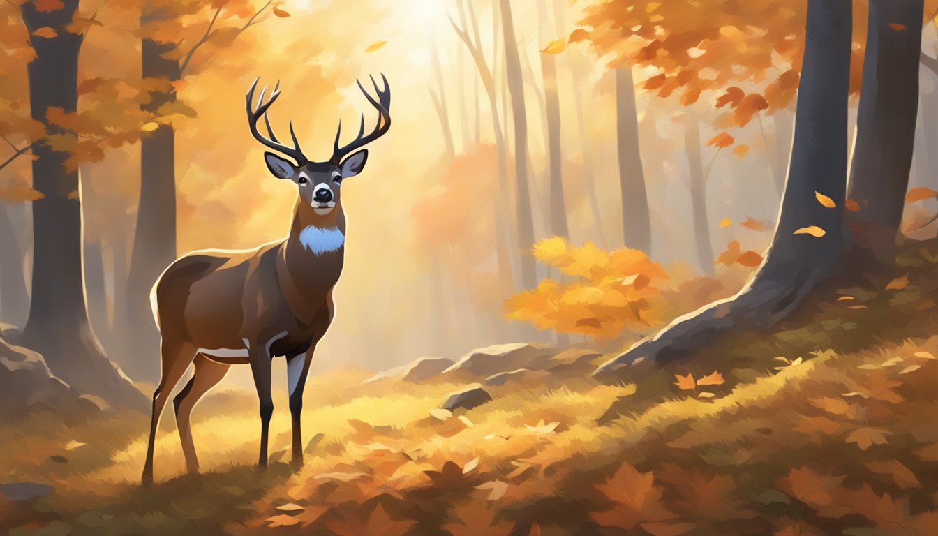 A deer stands alert in a clearing, surrounded by autumn foliage and fallen leaves. The sun casts a warm glow over the scene