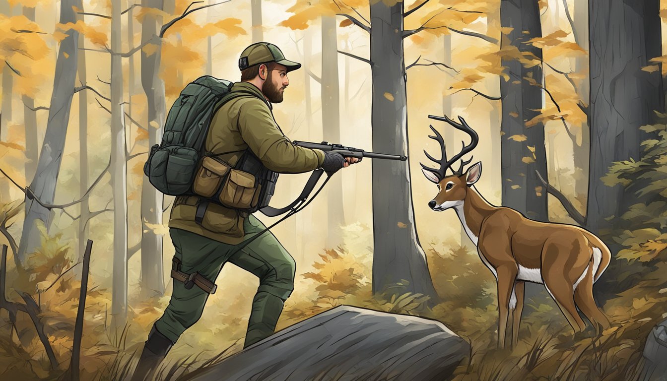 A hunter using specialized gear to track and take down a deer in the forest