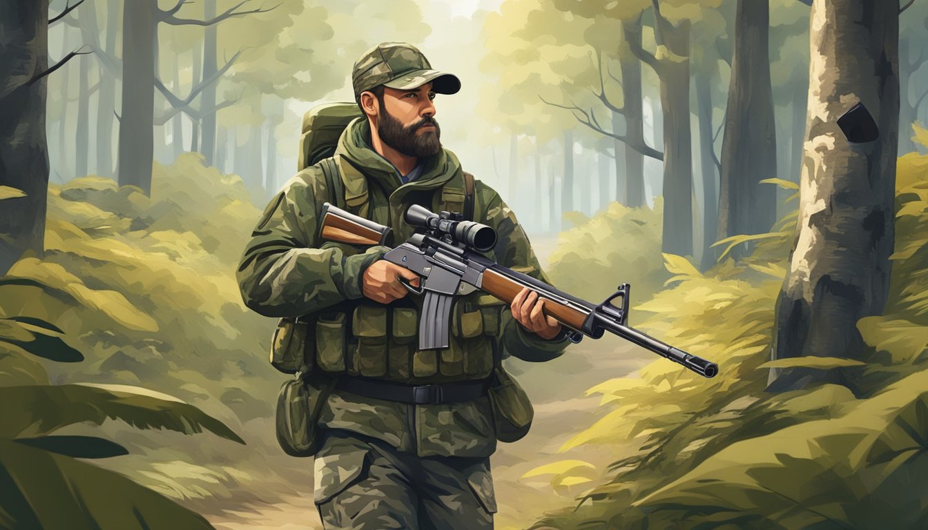 A hunter carries a rifle and wears camouflage clothing in a forest clearing, surrounded by trees and wildlife