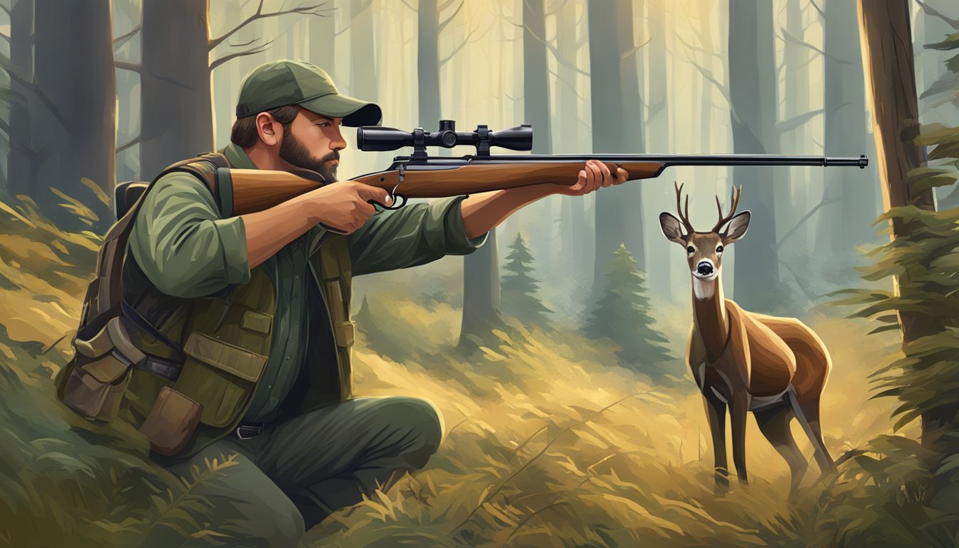 A hunter aiming a deer hunting rifle in a forest clearing