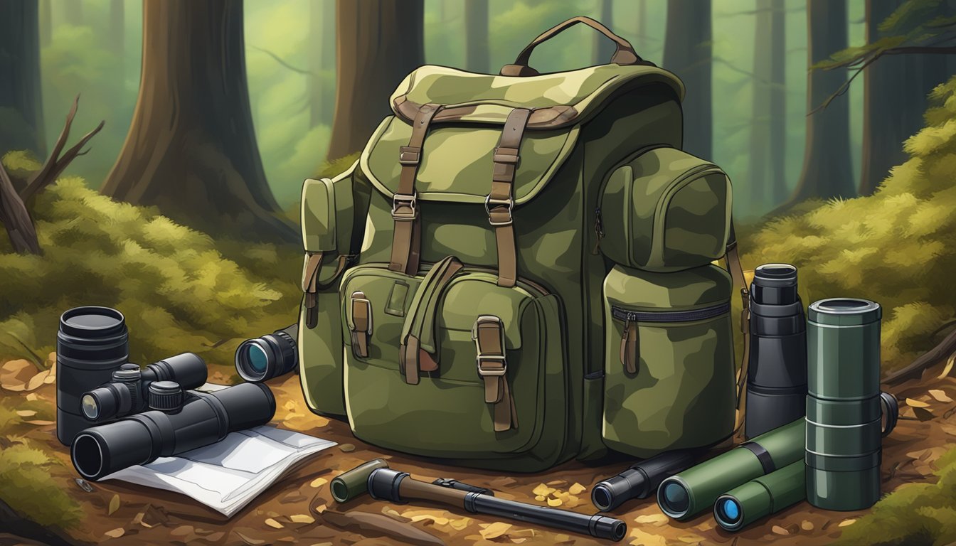 A hunter's backpack with a rifle, binoculars, and camouflage gear laid out on the forest floor