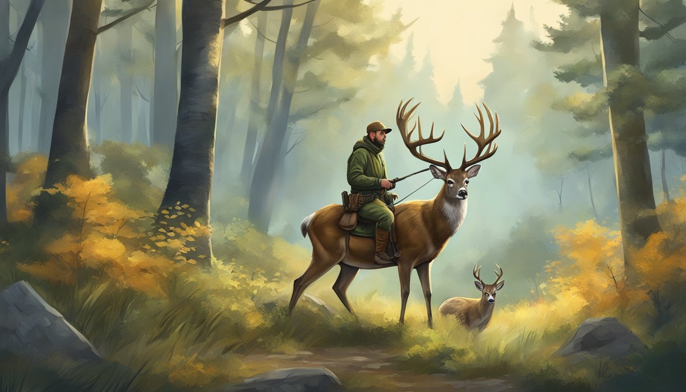 A hunter field-dresses a deer, hanging from a tree, in a forest clearing