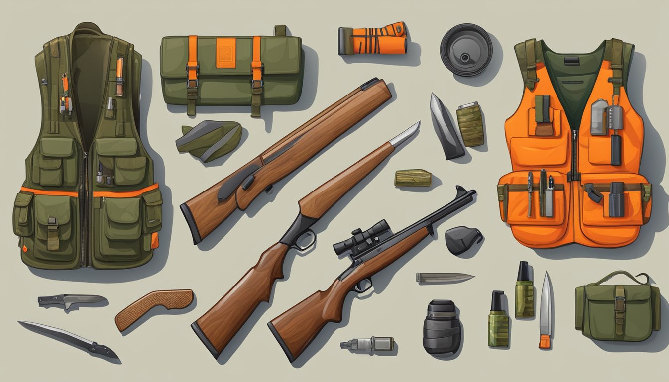 A hunter's gear laid out: rifle, ammunition, camouflage clothing, hunting knife, and safety orange vest