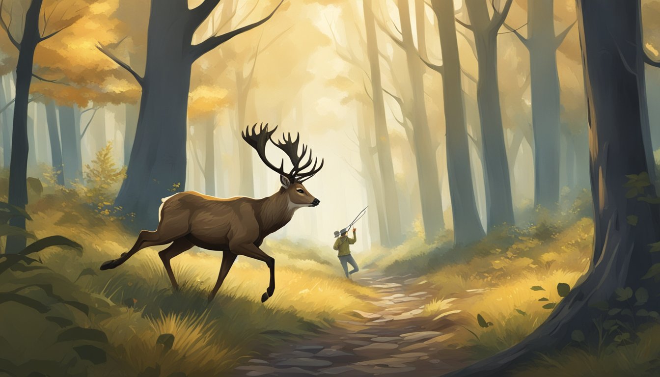 A deer running through a forest, with a hunter aiming a bow in the background