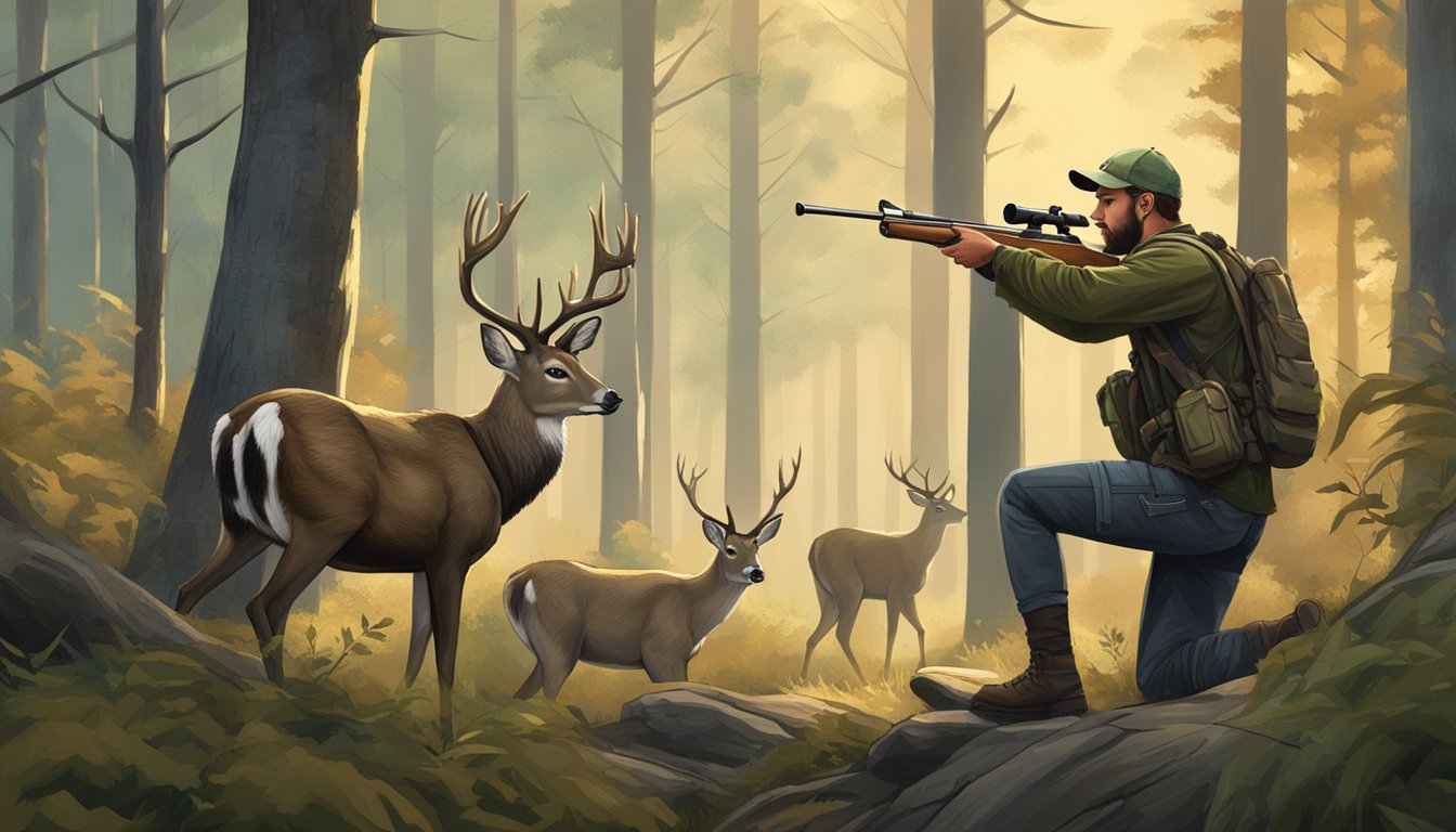 A hunter aiming a rifle at a deer in a forest clearing