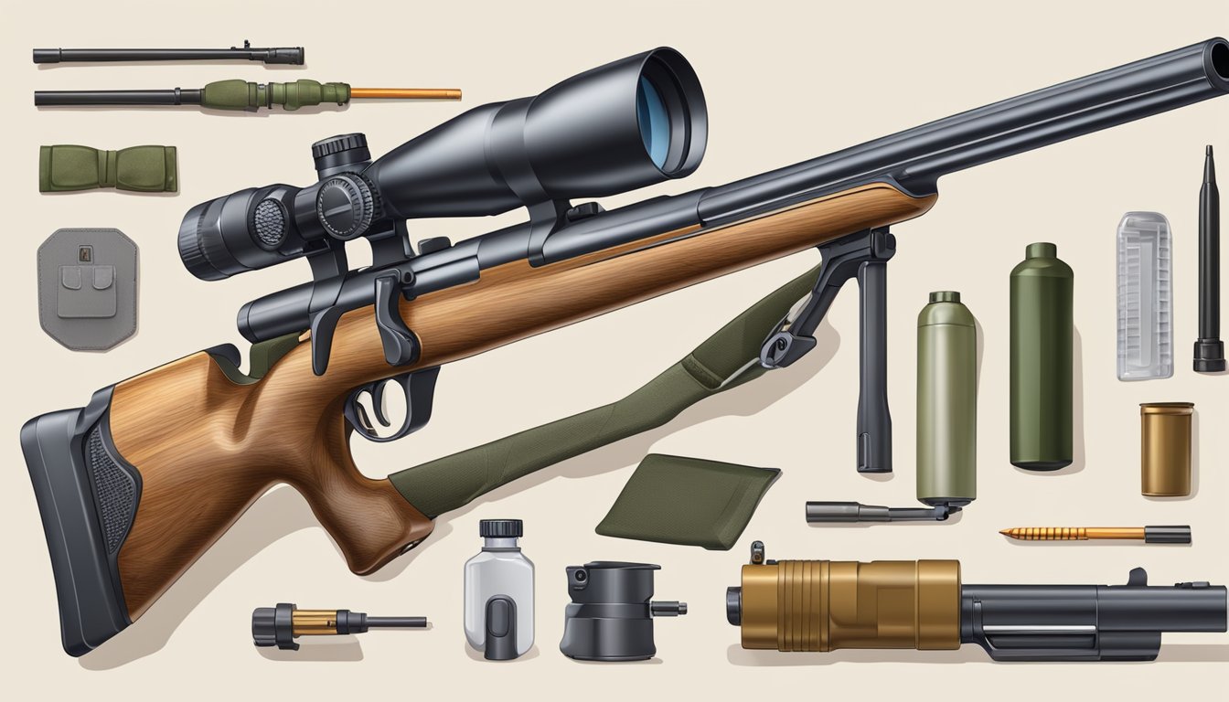 A hunter carefully selects an affordable, reliable rifle for deer hunting. The gun is shown with appropriate accessories and gear for the hunt