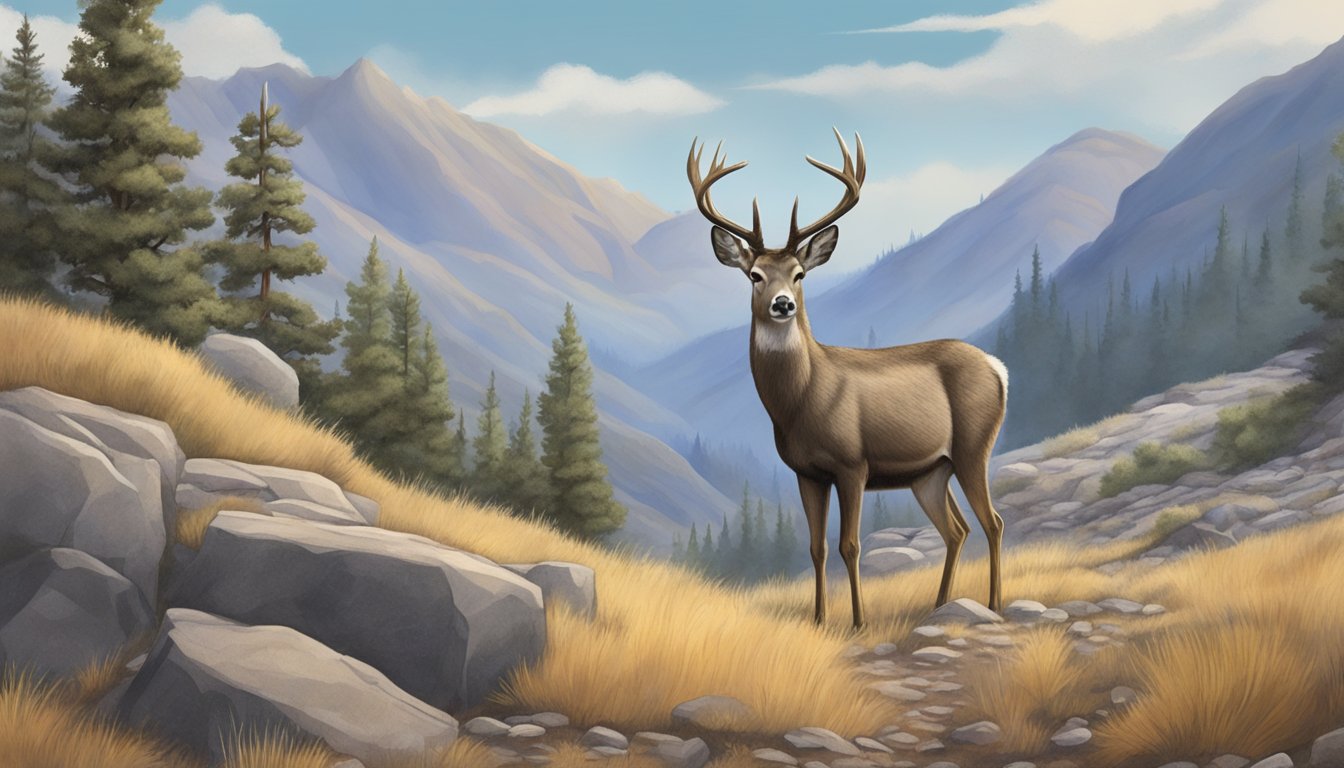 A lone mule deer stands alert amidst rocky, mountainous terrain, its ears perked and eyes scanning for potential threats