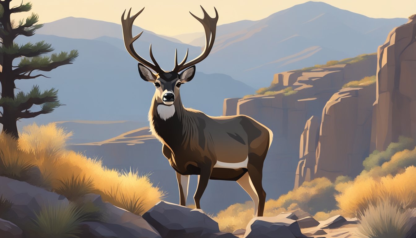 A mule deer stands in a rugged mountain landscape, surrounded by rocky outcrops and sparse vegetation. The sun casts long shadows across the terrain