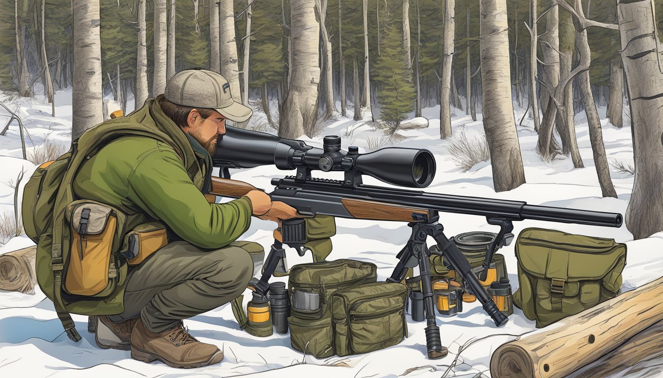 A hunter checks gear and scopes rifle before heading into the woods for mule deer hunt