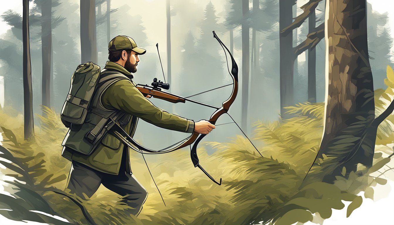 A hunter carefully navigating through a dense forest with a bow in hand, while keeping an eye out for any legal restrictions on deer hunting