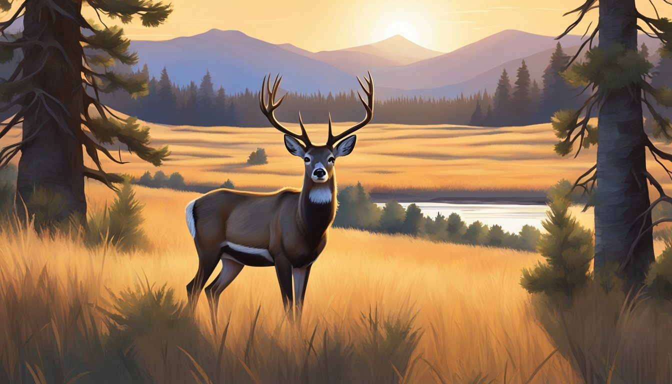 A lone mule deer stands alert in a clearing, surrounded by tall grass and scattered trees. The sun sets behind the distant mountains, casting a warm golden glow over the scene