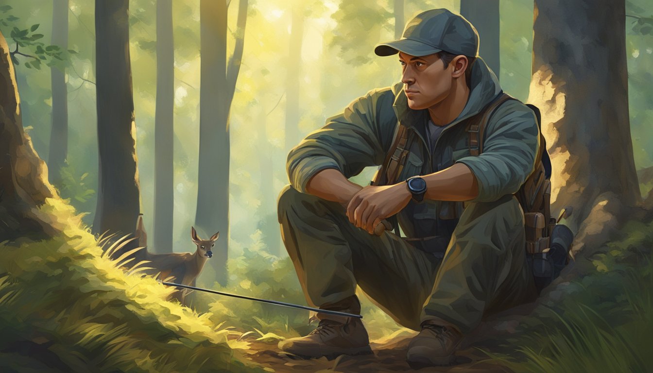 A hunter crouches in the forest, crossbow aimed. Sunlight filters through the trees, casting dappled shadows on the forest floor. A deer grazes in the distance, unaware of the imminent danger