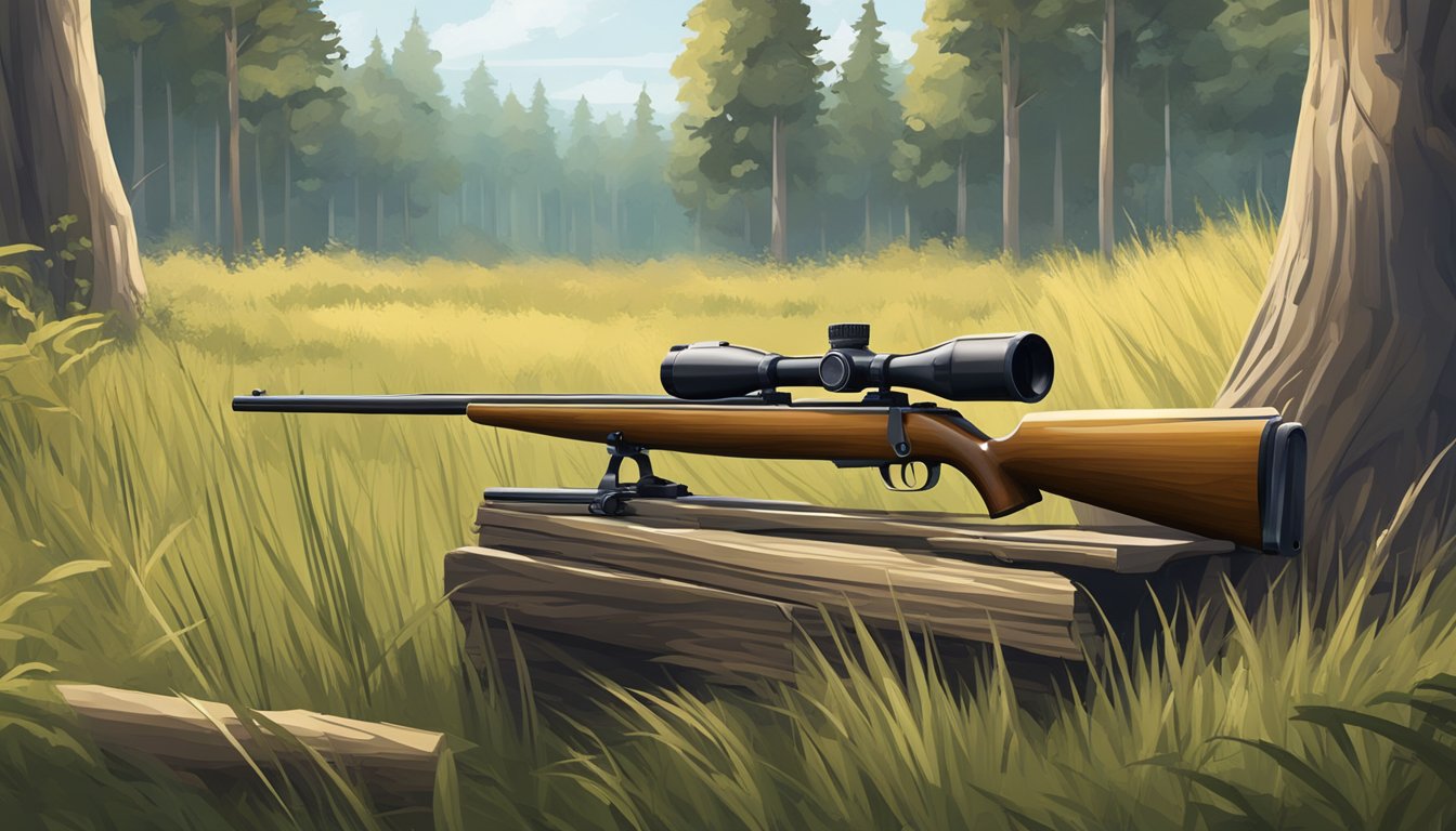 A hunter's rifle rests against a wooden hunting blind in a forest clearing, surrounded by trees and tall grass