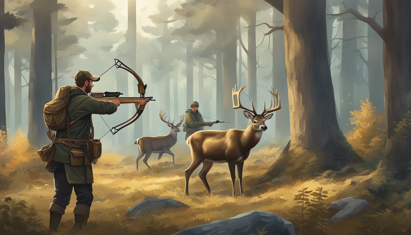 A hunter aims a crossbow at a deer in a forest clearing, while traditional archery hunters stand nearby with bows