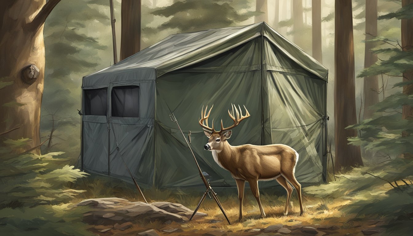 A deer hunting blind nestled in the woods, with a hunter's bow and arrow, camouflage gear, and a trail camera set up nearby