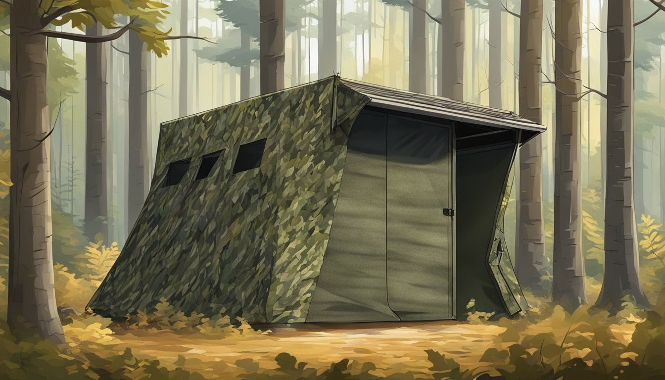 A deer hunting blind nestled in the forest, camouflaged and discreet, with a clear view of the surrounding area