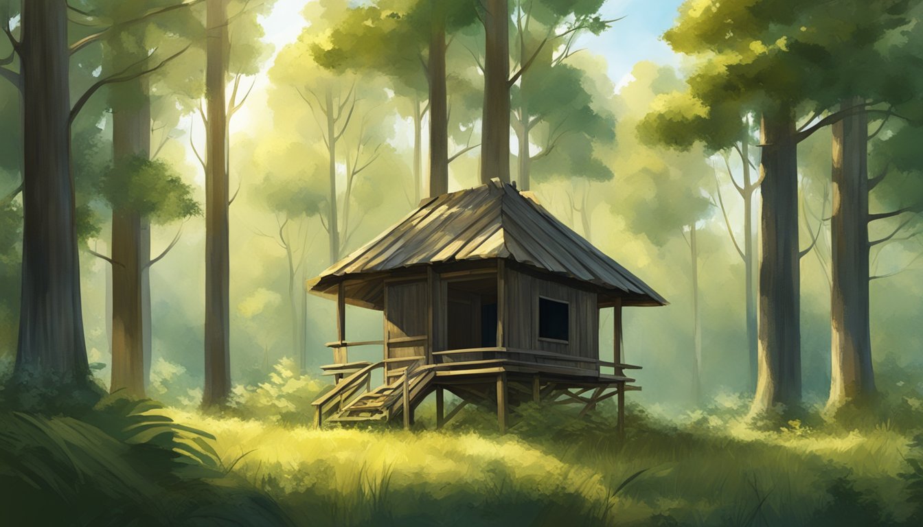 A sturdy, weathered hunting blind stands tall in a forest clearing, surrounded by lush greenery and dappled sunlight filtering through the trees