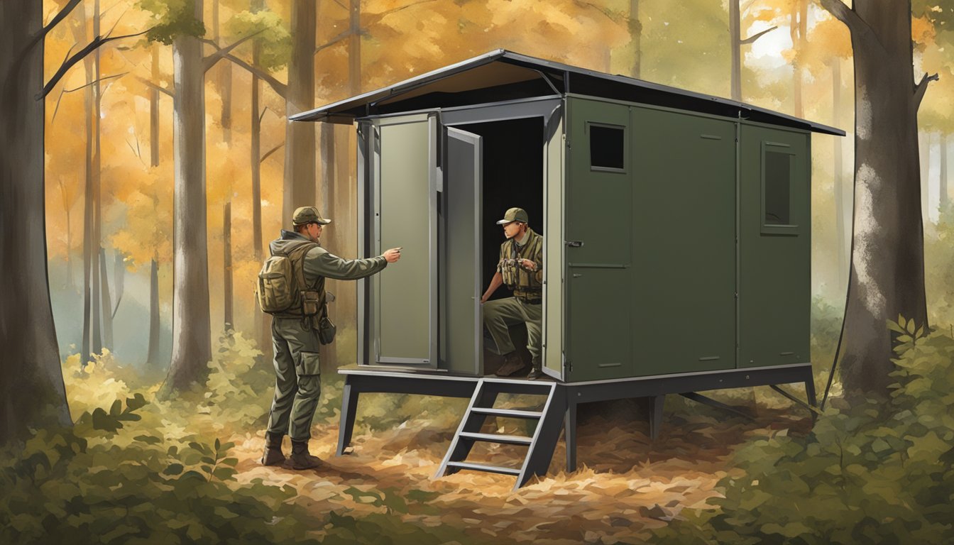 A hunter setting up a deer hunting blind in a wooded area, surrounded by trees and foliage