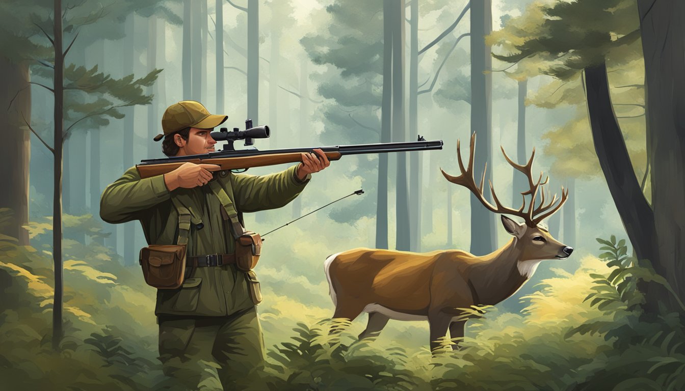 A hunter aiming a rifle at a majestic deer in a forest clearing