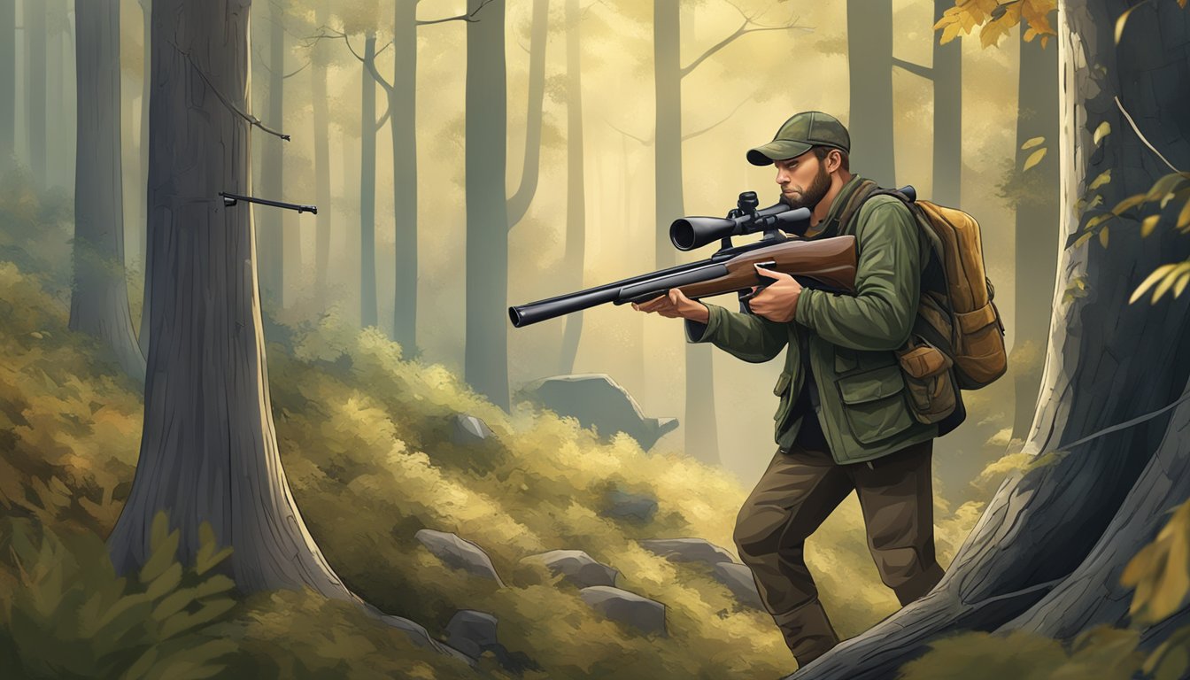 A hunter carrying an air rifle, camouflaged in a forest, aiming at a deer