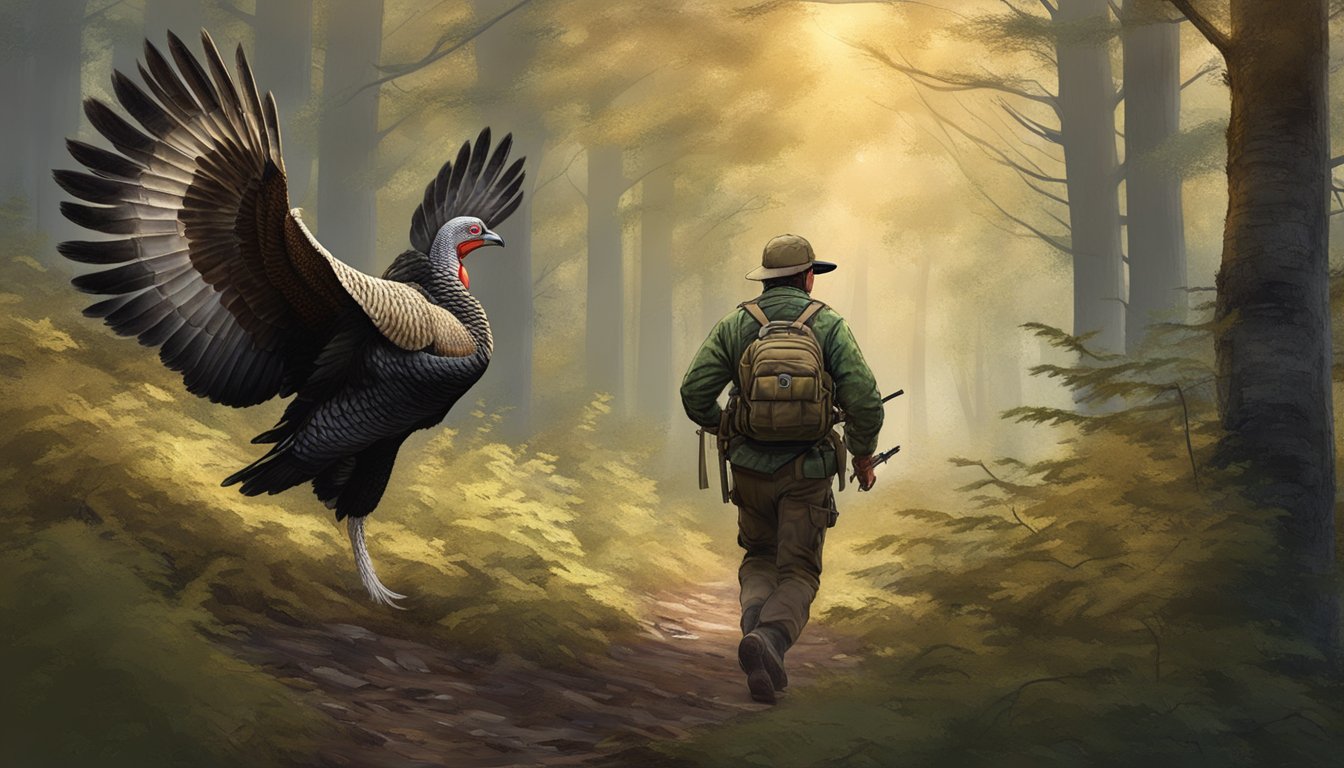 A hunter tracking a wild turkey through a dense forest