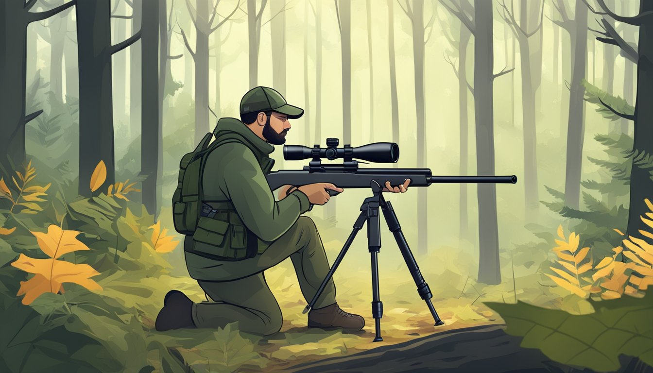 A hunter sets up an air rifle with a scope, bipod, and silencer in a dense forest clearing, preparing for a deer hunting expedition