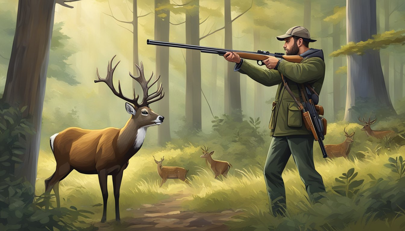 A hunter aims an air rifle at a deer in a wooded area