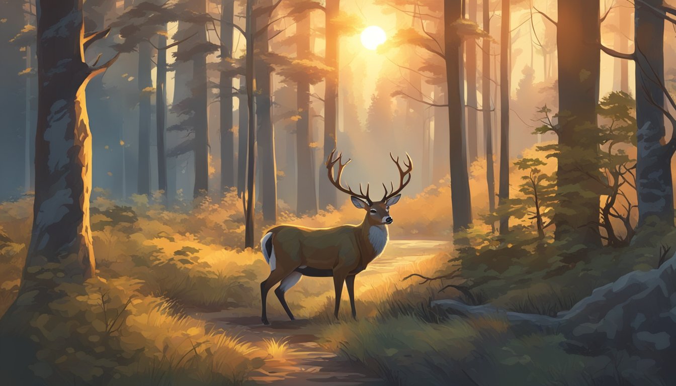 A hunter in camouflage aims a rifle at a majestic deer in a forest clearing. The sun sets behind the trees, casting a warm glow over the scene