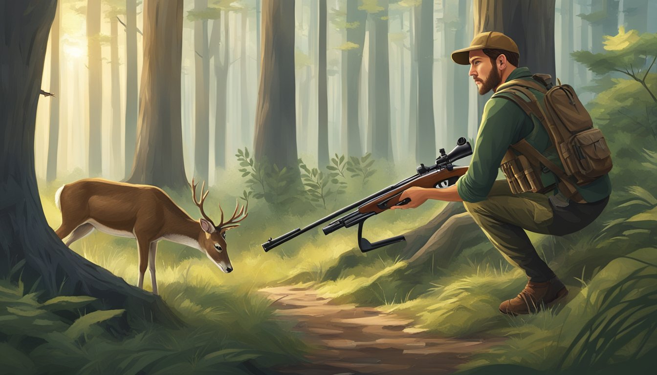 A hunter aims a conclusion air rifle at a deer in a forest clearing