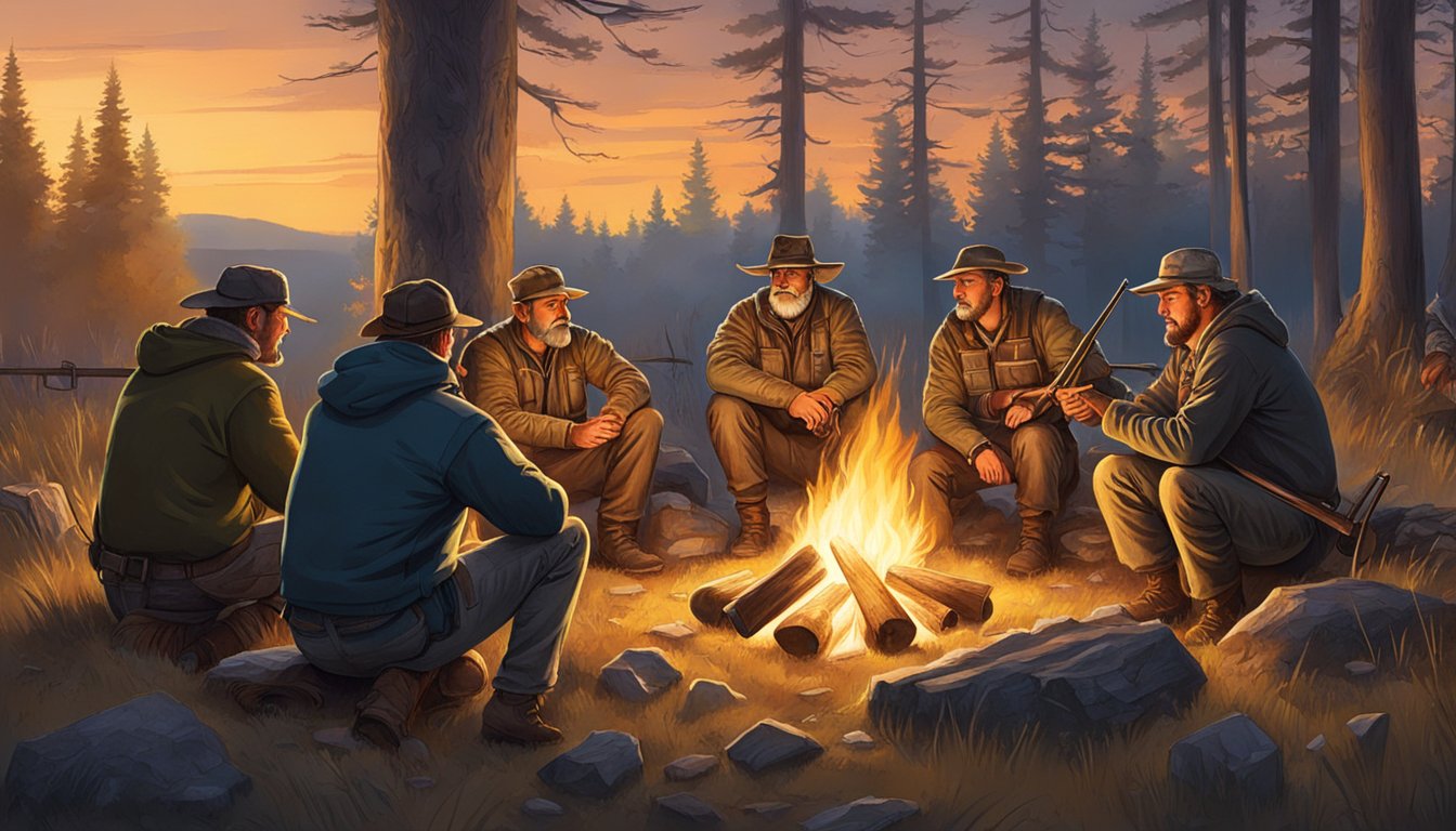 A group of hunters gather around a campfire, sharing stories and tips about deer hunting games. The glow of the fire illuminates their eager faces