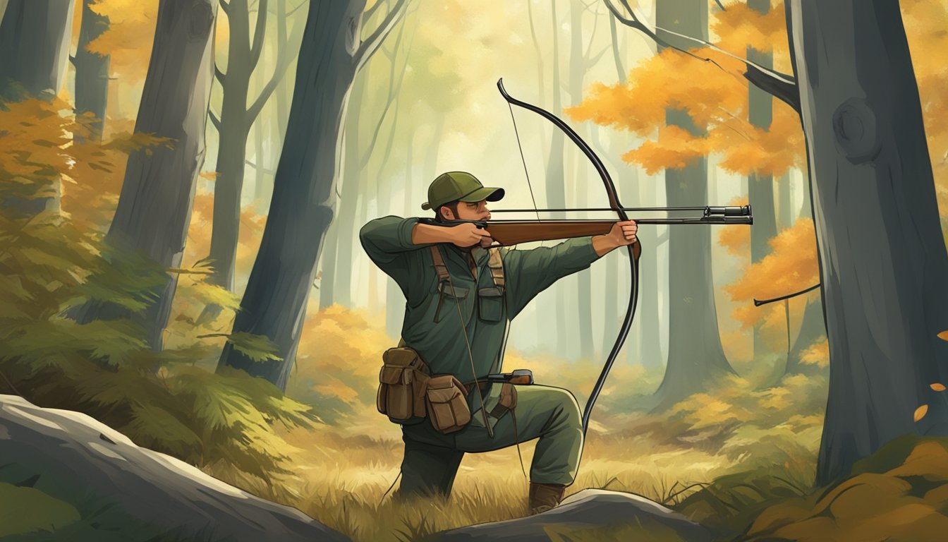 A hunter crouching in a forest, aiming a bow at a deer in the distance. Trees and foliage surround them, creating a natural hunting environment