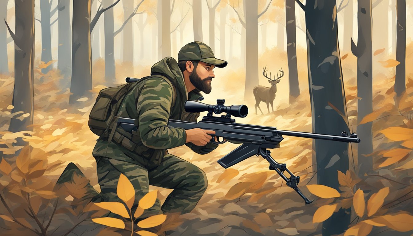 A hunter in camouflage aims a crossbow at a deer in a forest clearing. The deer stands alert, surrounded by trees and fallen leaves