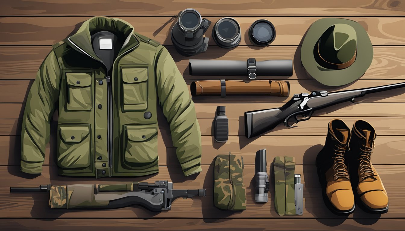 A hunter's clothing laid out on a wooden table, including camouflage jacket, pants, boots, and a rifle with a scope