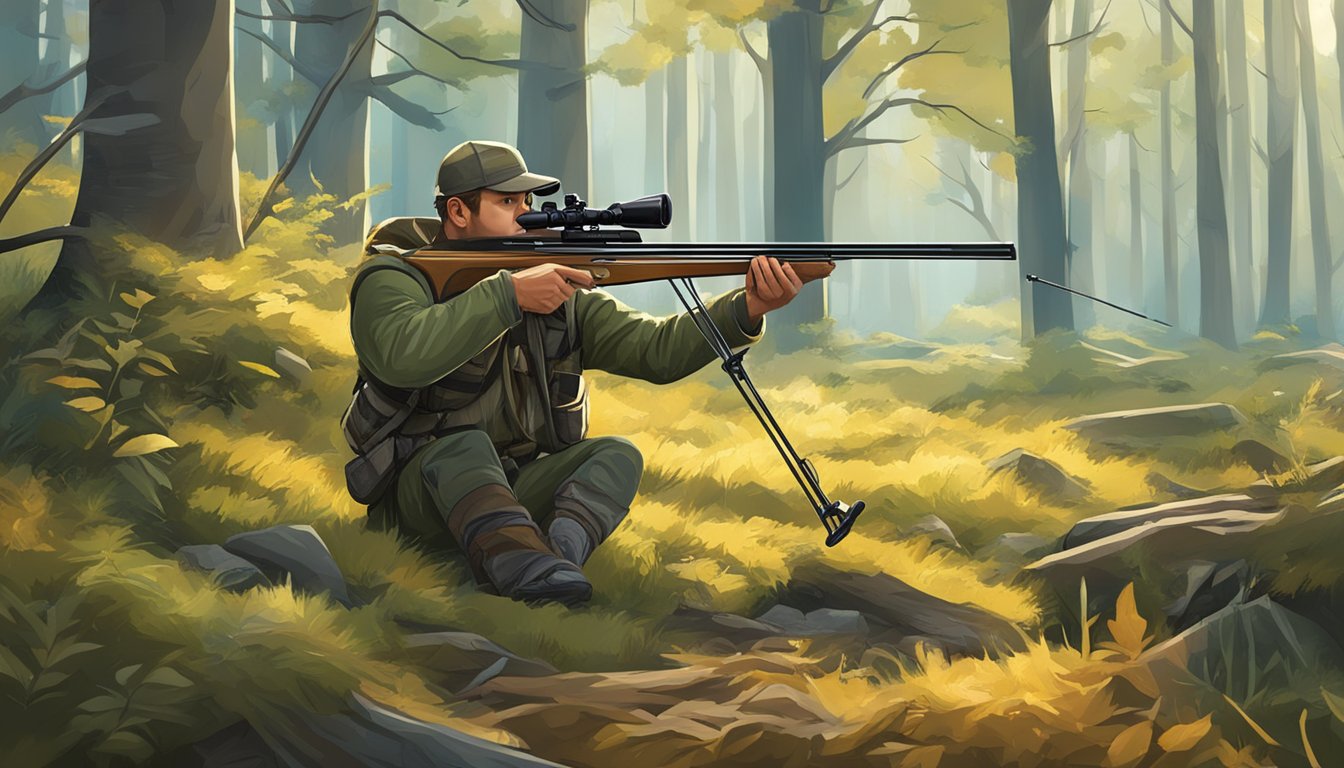 A hunter aims a deer hunting crossbow in a forest clearing