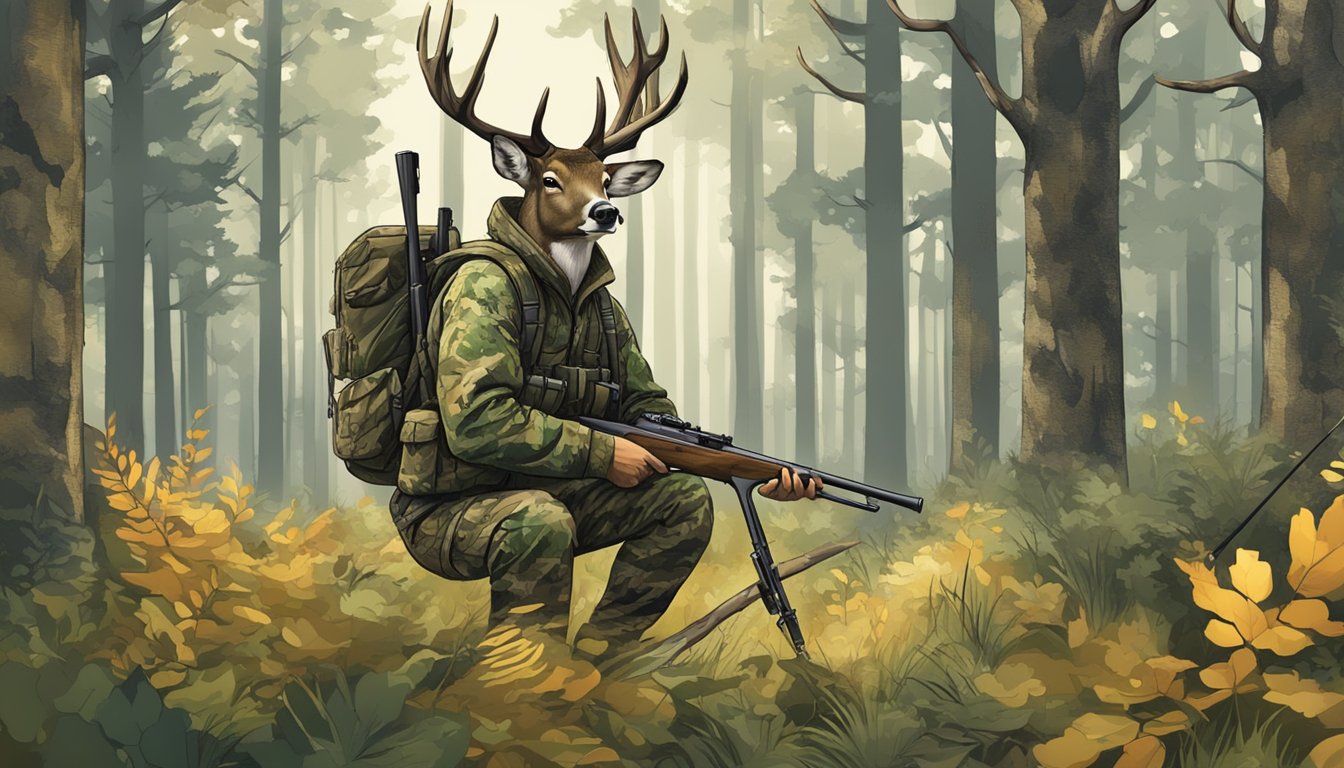 A hunter in advanced camo clothing blends seamlessly into the forest, concealed from the keen eyes of a grazing deer